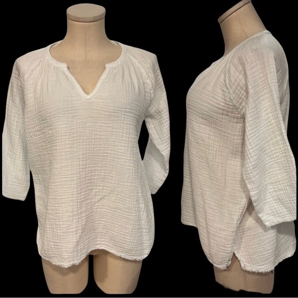 Mododoc White muslin Straight Cut Top with Spliced Neckline - Picture 1 of 14